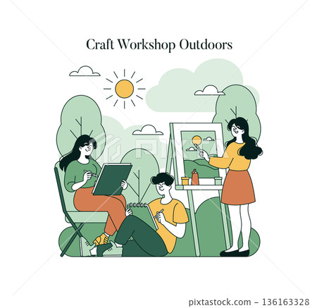 Vector illustration depicting an outdoor art workshop. Three people are engaged in painting and sketching amidst nature. The scene captures creativity and collaboration in a serene setting. 136163328