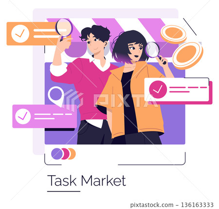Vector illustration of two people examining the concept of a task market using magnifying glasses, surrounded by task lists and location markers, symbolizing analysis and decision-making. Vector illustration of two people examining the concept of a task market using magnifying glasses, surrounded by task lists and location markers, symbolizing analysis and decision-making. 136163333