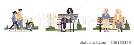 Vector illustration showcasing people enjoying various activities in a park. A family walks together, a woman reads on a bench, and two friends engage in conversation, conveying a lively park Vector illustration showcasing people enjoying various activities in a park. A family walks together, a woman reads on a bench, and two friends engage in conversation, conveying a lively park 136163339