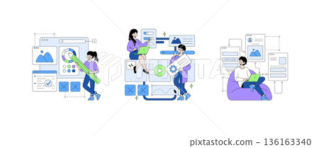 Vector illustration of a team collaborating on web design and development. Figures are using laptops and large icons, demonstrating teamwork and creativity in a digital workspace. Vector illustration of a team collaborating on web design and development. Figures are using laptops and large icons, demonstrating teamwork and creativity in a digital workspace. 136163340