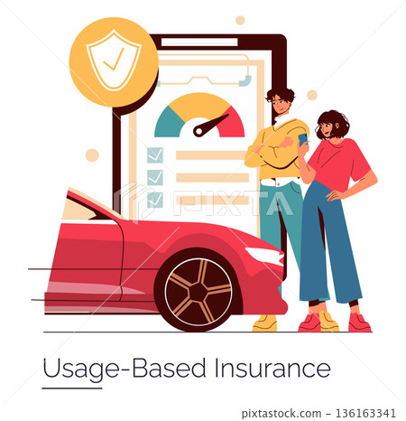Vector illustration of usage-based insurance concept with a car, two individuals reviewing a checklist, and a gauge symbolizing assessment. Emphasizes modern insurance technology. Vector illustration of usage-based insurance concept with a car, two individuals reviewing a checklist, and a gauge symbolizing assessment. Emphasizes modern insurance technology. 136163341