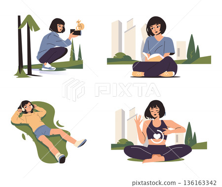 Vector illustration depicting various everyday activities. Scenes include a person photographing a squirrel, reading a book in the park, resting on grass, and practicing meditation outdoors. 136163342