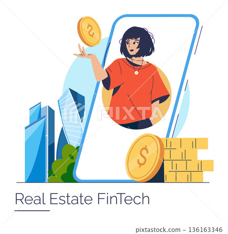 Vector illustration depicting a woman interacting with digital currency on her smartphone, surrounded by skyscrapers and currency symbols, representing real estate financial technology concepts. 136163346
