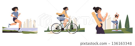 A series of outdoor activities featuring a woman running, cycling, and practicing yoga in a city park. Illustrates diversity in fitness routines promoting healthy living. 136163348