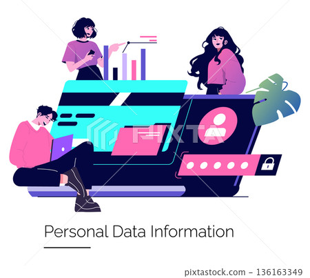 Vector illustration of a diverse team analyzing data security on a large screen. Group collaboration on personal data protection with charts, graphs, and secure interface elements. 136163349