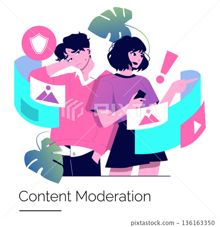 Vector illustration showing two people engaged in content moderation. One appears thoughtful while the other is actively pointing out content. Elements include symbols and colorful graphics. 136163350