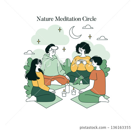 Group of four individuals engaged in meditation, sitting in a circle under the moon, surrounded by nature. The vector illustration conveys a sense of calm and connection. 136163355