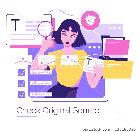 Woman analyzes and sorts documents with checklists, magnifying glass, and folders surrounding her. Conceptual vector illustration depicting information organization and evaluation process. Woman analyzes and sorts documents with checklists, magnifying glass, and folders surrounding her. Conceptual vector illustration depicting information organization and evaluation process. 136163356