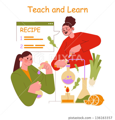 A vector illustration of a culinary science lesson, where two students engage in a cooking experiment. Includes ingredients and lab apparatus, emphasizing learning and teaching. 136163357