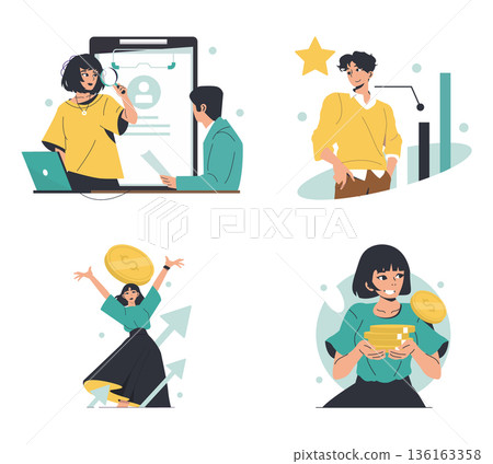 Vector illustration set depicting business success and teamwork. Scenes include analyzing profiles, celebrating achievements with coins, and positive professional interactions, capturing joy and Vector illustration set depicting business success and teamwork. Scenes include analyzing profiles, celebrating achievements with coins, and positive professional interactions, capturing joy and 136163358