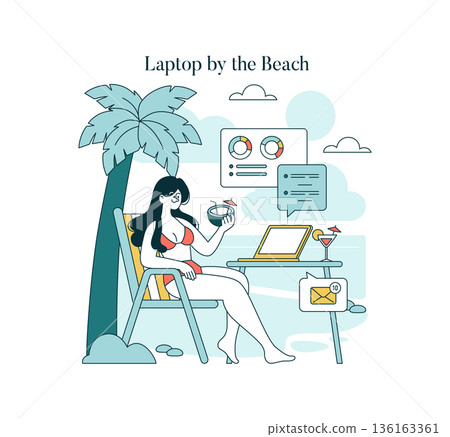 Relaxing beach setting vector illustration of a woman working remotely with a laptop. She sits in a chair holding a cocktail, embodying a balance of work and leisure by the ocean. Relaxing beach setting vector illustration of a woman working remotely with a laptop. She sits in a chair holding a cocktail, embodying a balance of work and leisure by the ocean. 136163361
