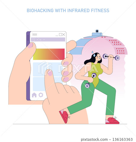 Vector illustration showing a person exercising with dumbbells under an infrared lamp. A smartphone displays settings, highlighting the integration of technology in fitness and biohacking. Vector illustration showing a person exercising with dumbbells under an infrared lamp. A smartphone displays settings, highlighting the integration of technology in fitness and biohacking. 136163363