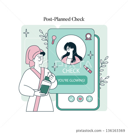 Vector illustration of a woman engaging in a skincare routine. She reviews her glowing results on a digital device, highlighting self-care and glowing skin in a modern setting. 136163369