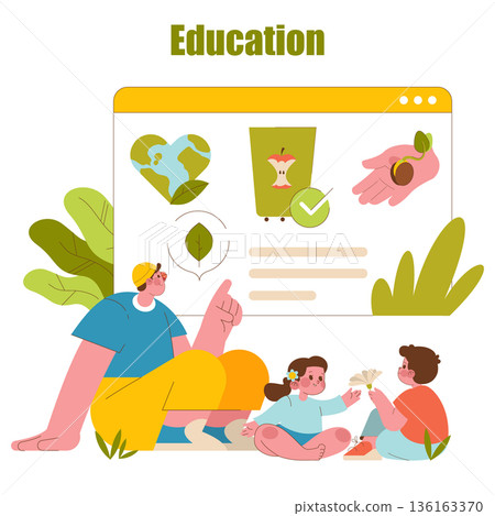 Vector illustration depicting an educational scene with an adult and children engaging in an outdoor learning activity. Emphasizes environmental awareness and interactive learning. 136163370