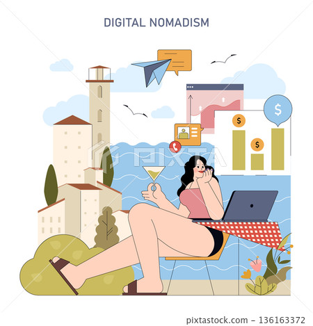 Vector illustration of a woman embracing digital nomadism. She's seated with a laptop, enjoying a cocktail, surrounded by symbols of remote work and scenic views. Ideal for lifestyle, travel, and Vector illustration of a woman embracing digital nomadism. She's seated with a laptop, enjoying a cocktail, surrounded by symbols of remote work and scenic views. Ideal for lifestyle, travel, and 136163372
