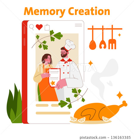 Vector illustration depicting a chef awarding a certificate to a happy person. The scene is framed by a digital interface, emphasizing memory creation in culinary success. Vector illustration depicting a chef awarding a certificate to a happy person. The scene is framed by a digital interface, emphasizing memory creation in culinary success. 136163385