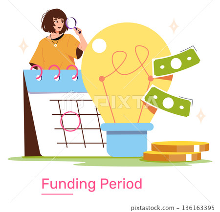 Woman examining calendar with lightbulb and cash symbols, representing a funding period. Conceptual vector illustration of planning and analyzing financial investments. Woman examining calendar with lightbulb and cash symbols, representing a funding period. Conceptual vector illustration of planning and analyzing financial investments. 136163395