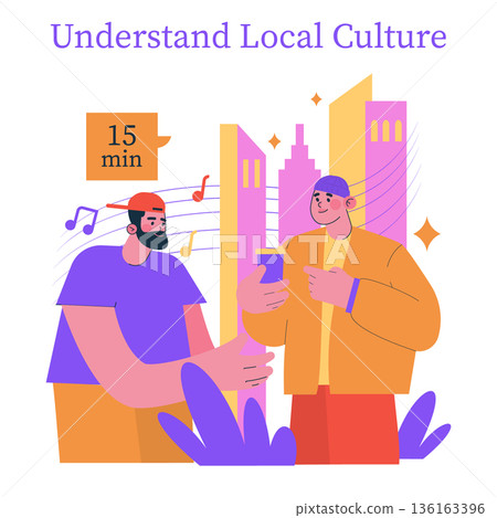 Vector illustration depicting two animated characters interacting to understand local culture. They engage in communication for 15 minutes, exchanging music and ideas. 136163396