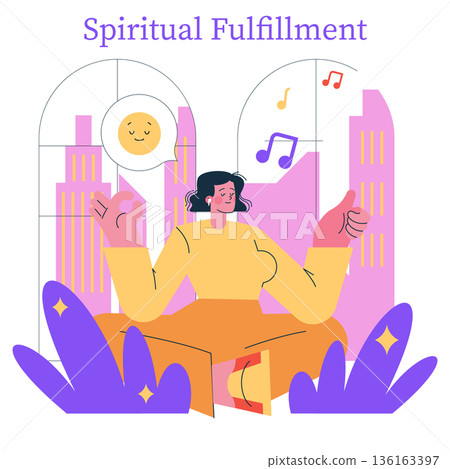 Vector illustration of a woman meditating with a relaxed expression, surrounded by cityscape and musical notes, symbolizing spiritual fulfillment and tranquility in an urban setting. Vector illustration of a woman meditating with a relaxed expression, surrounded by cityscape and musical notes, symbolizing spiritual fulfillment and tranquility in an urban setting. 136163397