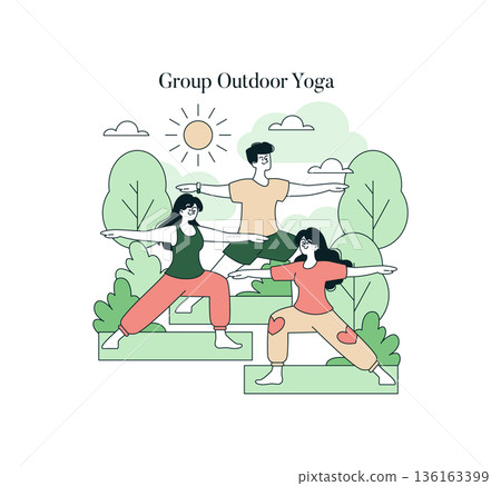 Vector illustration of a group practicing yoga outdoors. Individuals are in warrior poses, surrounded by nature, expressing relaxation and mindfulness. Suitable for fitness and wellness themes. 136163399