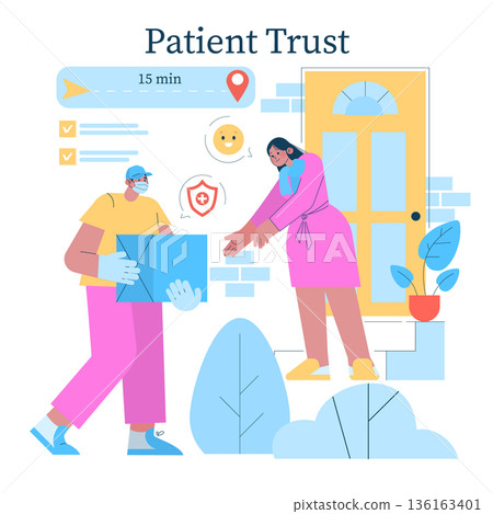 Vector illustration depicting a delivery interaction outside a home with a healthcare theme. A masked delivery person hands a package to a woman, emphasizing trust and safety in service. 136163401