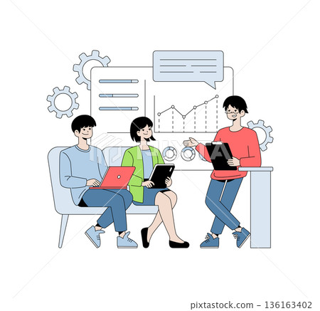 Vector illustration of three people engaged in a collaborative business strategy meeting. They discuss progress and ideas with laptops and notepads, showing teamwork and communication. 136163402