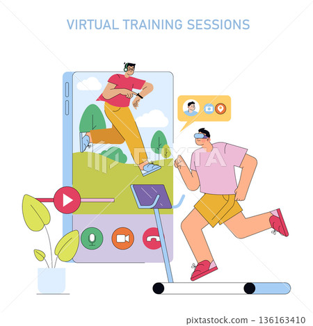 Digital illustration of a virtual training session with a person running on a treadmill and interacting with a large mobile device displaying a virtual trainer. Modern fitness technology concept. Digital illustration of a virtual training session with a person running on a treadmill and interacting with a large mobile device displaying a virtual trainer. Modern fitness technology concept. 136163410