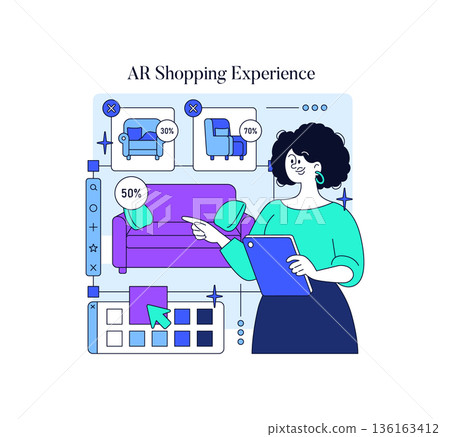 Vector illustration depicts a woman using augmented reality for furniture shopping. She interacts with holographic displays of sofas and chairs, selecting and customizing her choices. Vector illustration depicts a woman using augmented reality for furniture shopping. She interacts with holographic displays of sofas and chairs, selecting and customizing her choices. 136163412