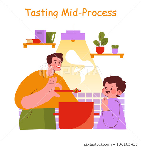 Father and child in kitchen tasting soup together. The father holds a spoon with soup, while the child eagerly anticipates the taste. This vector illustration captures a joyful family moment. 136163415