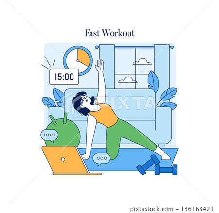Vector illustration depicting a woman engaging in a home workout with online guidance. The scene features a laptop, fitness equipment, and motivational elements for a quick exercise session. Vector illustration depicting a woman engaging in a home workout with online guidance. The scene features a laptop, fitness equipment, and motivational elements for a quick exercise session. 136163421