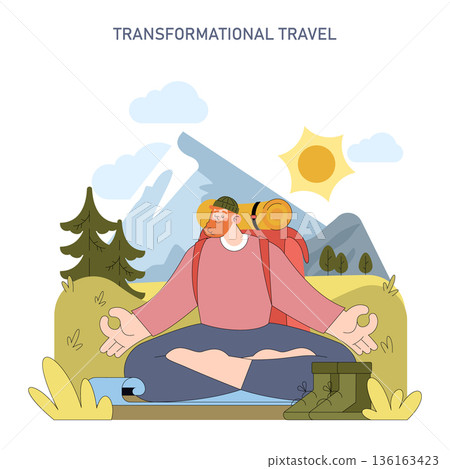 Illustrated scene of a hiker meditating in a serene mountain setting during a camping trip. The peaceful landscape includes trees, mountains, and a bright sun. 136163423