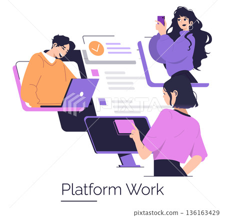 Vector illustration of three people working on digital platforms, engaging in communication and collaboration. Features a dynamic digital workspace with innovative tech interactions. 136163429
