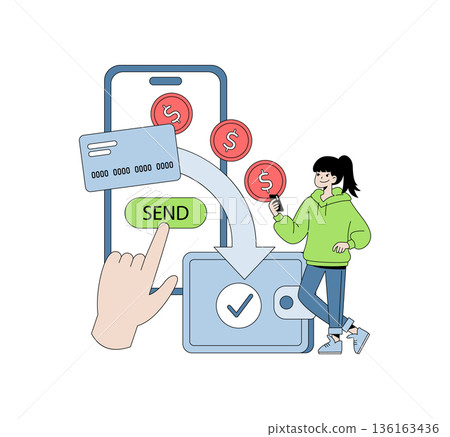 Vector illustration depicts a mobile payment transaction. A hand holds a credit card near a smartphone with a "Send" button, alongside a wallet icon, coins, and a smiling person. 136163436