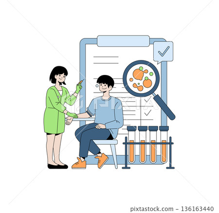 Vector illustration of a doctor consulting with a patient, highlighting a medical process. The scene includes medical charts and test tubes, symbolizing health and diagnostics. 136163440