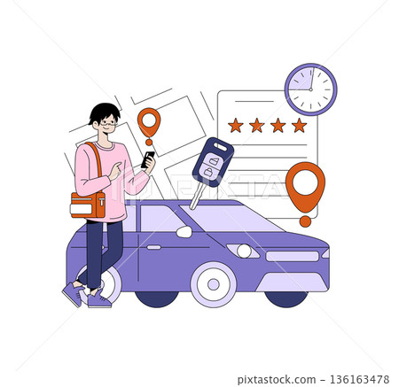 Vector illustration of a young man using a smartphone ride-sharing app next to a car. Illustrates car hire concepts with car key, GPS location, and positive service rating. 136163478