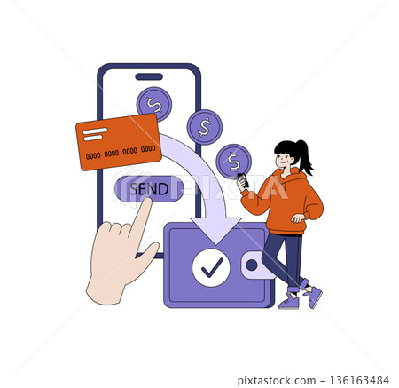 Vector illustration showing a hand making a mobile payment transaction. A person holds a phone, and digital elements represent currency transfer, emphasizing modern digital finance. 136163484