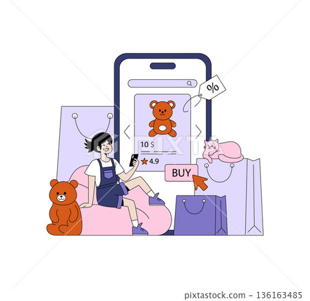 Vector illustration of a smiling girl using her smartphone for online toy shopping. She is seated near a large mobile phone displaying a teddy bear for purchase, surrounded by shopping bags. 136163485