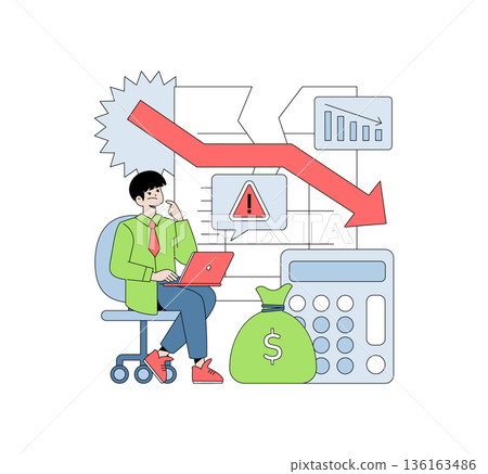Business person examines financial data on a laptop, focusing on a declining graph and calculation symbols. The vector illustration highlights financial challenges and downturns faced by investments. Business person examines financial data on a laptop, focusing on a declining graph and calculation symbols. The vector illustration highlights financial challenges and downturns faced by investments. 136163486