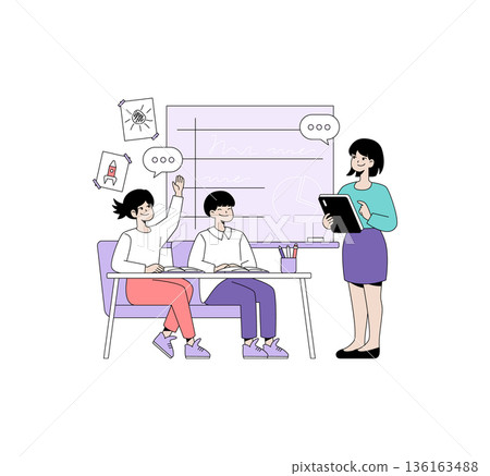 Vector illustration of students in a classroom. A student eagerly raises a hand to answer a question while another listens attentively. A teacher leads the engaging lesson. 136163488