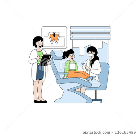 Vector illustration of a dental visit where a child is seated in a dentist chair. Two dental hygienists discuss treatment, showing a collaborative approach to oral care. 136163489