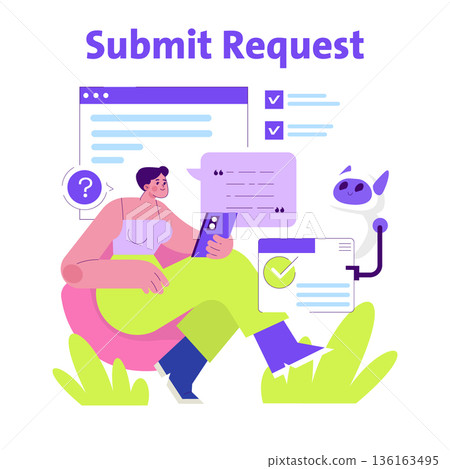 Vector illustration of a woman sitting and submitting a request through a mobile app. Includes chat bubbles, digital forms, and a friendly robot, emphasizing communication and technology. Vector illustration of a woman sitting and submitting a request through a mobile app. Includes chat bubbles, digital forms, and a friendly robot, emphasizing communication and technology. 136163495