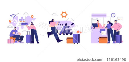 Vector illustration depicting travel stages: booking flights, heading to the airport, and checking in. Individuals are engaged in travel-related activities, illustrating the journey from planning to Vector illustration depicting travel stages: booking flights, heading to the airport, and checking in. Individuals are engaged in travel-related activities, illustrating the journey from planning to 136163498