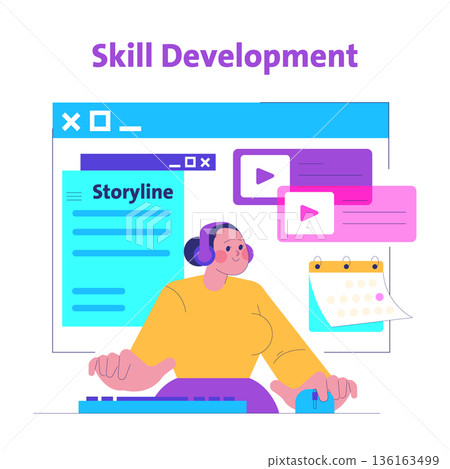 Vector illustration depicting a person engaged in skill development activities online. The image highlights creative learning, with headphones and digital content in focus. Vector illustration depicting a person engaged in skill development activities online. The image highlights creative learning, with headphones and digital content in focus. 136163499