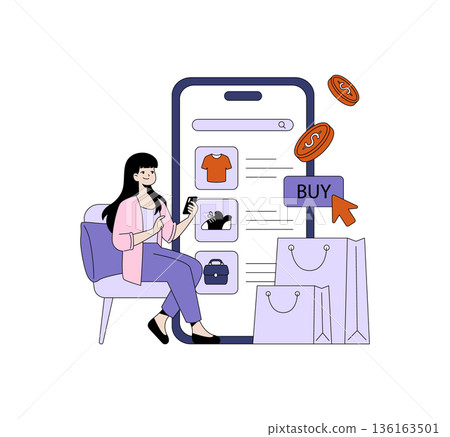 Vector illustration of a woman happily shopping online using a mobile app. She is seated with a phone, surrounded by shopping bags and a digital buy button, symbolizing e-commerce convenience. 136163501