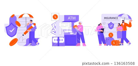 Vector illustration depicting financial security concepts with insurance, ATM usage, and savings representation. People interact with icons symbolizing money, savings, and safety. Vector illustration depicting financial security concepts with insurance, ATM usage, and savings representation. People interact with icons symbolizing money, savings, and safety. 136163508