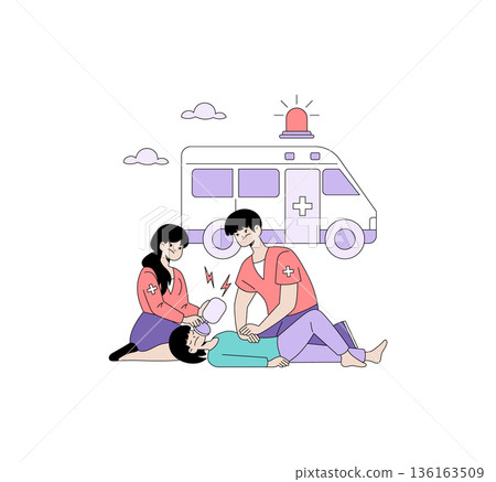 Vector illustration depicting two emergency responders performing CPR on an unconscious individual. An ambulance is visible in the background, indicating an urgent medical scene. 136163509
