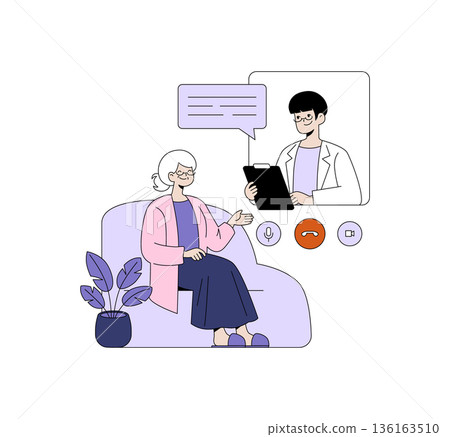 Elderly woman engages in a virtual consultation with a doctor on screen. Vector illustration highlights modern healthcare communication, emphasizing accessibility and convenience of telehealth Elderly woman engages in a virtual consultation with a doctor on screen. Vector illustration highlights modern healthcare communication, emphasizing accessibility and convenience of telehealth 136163510