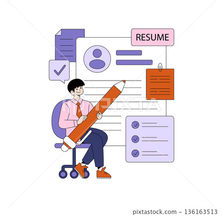 Vector illustration of a person sitting on a chair composing a resume using an oversized pencil. The scene includes various resume elements like profile icon and checklists, symbolizing job 136163513