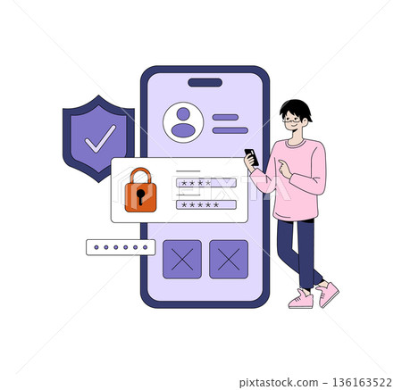 Vector illustration of a person using a smartphone for secure online login. Includes security symbols like a lock and shield, emphasizing the importance of cybersecurity and privacy. 136163522