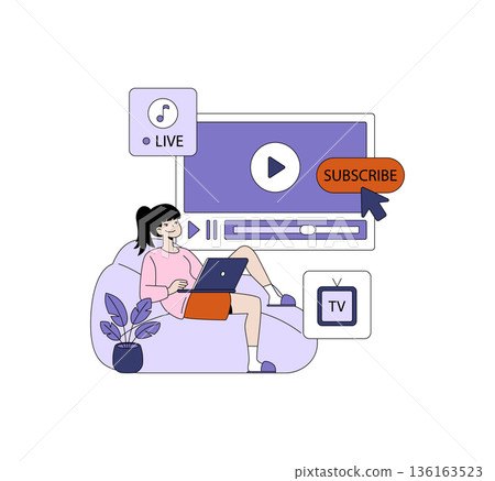 Young woman sitting on a couch, using a laptop while streaming on a large TV. The illustration highlights online entertainment, music, and subscription services with a relaxed vibe. Young woman sitting on a couch, using a laptop while streaming on a large TV. The illustration highlights online entertainment, music, and subscription services with a relaxed vibe. 136163523